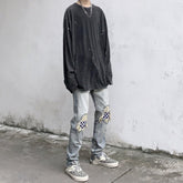 Men Jeans Summer Water Washed Hole Jeans Patch Plaid Pants
